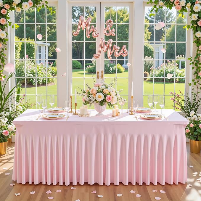 4 Pack Pink Spandex Tablecloths for Rectangle Tables 8 Foot Pink Stretch Table Cloth Rectangle 8ft Elastic Fitted Table Cover with Skirt for Wedding Baby Shower Girl Birthday Party Banquet Buffet