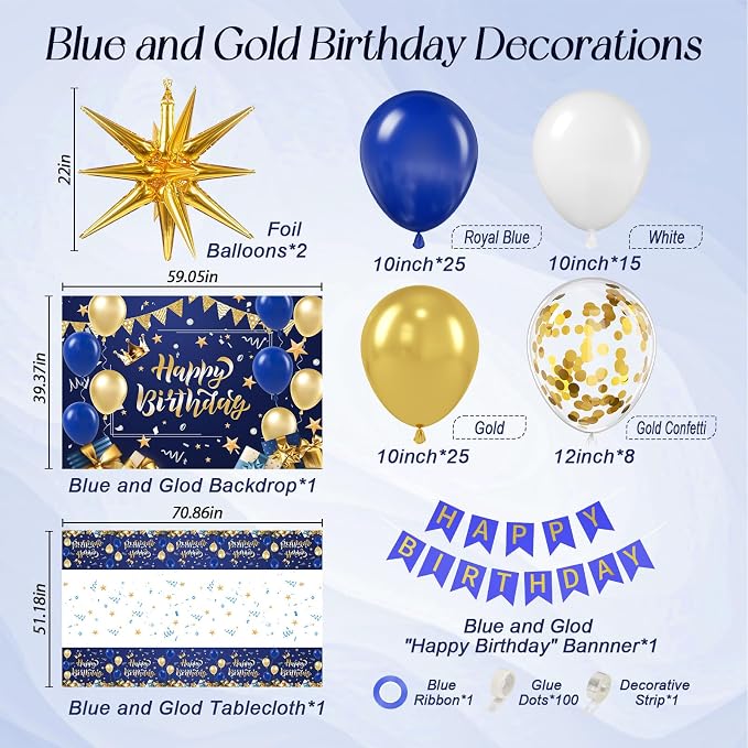 Blue and Gold Birthday Decorations, Blue Gold White Foil Balloons Happy Birthday Banner Blue Tablecloth Backdrop for Happy Birthday Decorations for Men