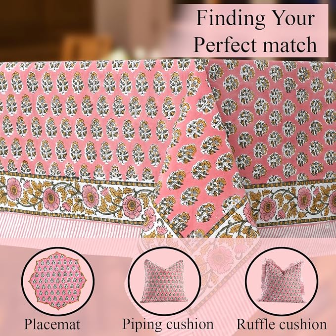 CPC Tablecloth 100% Cotton 60x90 Inch Indian Block Print Rectangle Table Cover, Washable Table Cloth for Weddings, Spring/Summer, Barbeque - Poppy Pink
