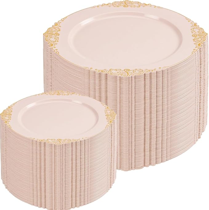 200PCS Pink and Gold Plates - Pink Plastic Plate - Fancy Disposable Plates with Gold Rim - Vintage Wedding Dinner & Dessert Plate for 100 Guests for Wedding & Bridal Shower