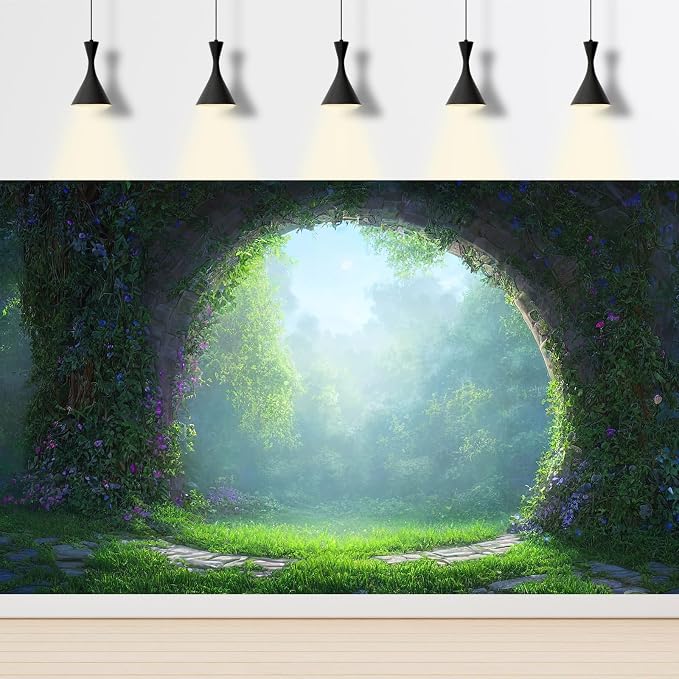 Fantasy Forest Backdrop Magical Fairy-Tale Portal Photography Background Lush Plants Moss and Grass Forest Backdrops Magical Natural Landscape Encounters Decorations Wallpaper Props 5x3ft
