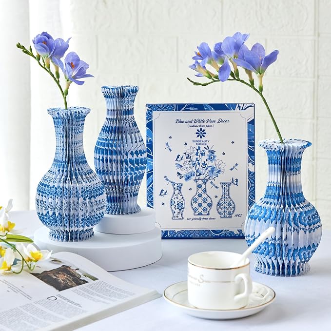 SUNBEAUTY 3 Pcs Blue and White Paper Honeycomb Vases, Mini Chinoiserie Vintage Paper Vase Set with Magnetic Closure, Chinese Style Table Centerpieces for Wedding,Baby Shower, Home & Party Decor