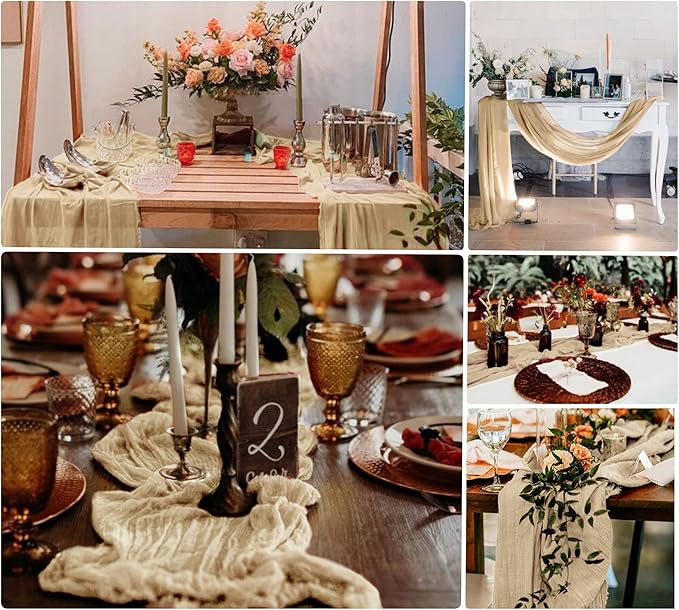 15 Pack Beige Cheesecloth Table Runner 10Ft Rustic Gauze Cheese Cloth Table Runner 35 x120 Inch Romantic Boho Table Runners for Wedding Birthday Party Bridal Baby Shower Engagement Banquet Table Décor