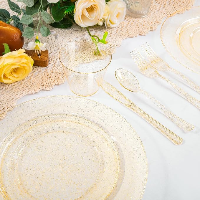 WELLIFE 300 PCS Gold Glitter Dinnerware Set for 50 Guests, Disposable Plastic Plates for Party, 50 Dinner Plates, 50 Salad Plates, 50 Cups Forks Knives Spoons for Wedding and Party Supplies