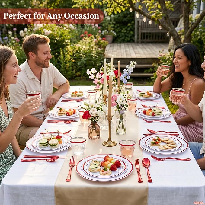 DaYammi 210PCS Red Plastic Dinnerware Set Red Plates Disposable Disposable Plates for Party Include: 30 Dinner Plates,30 Dessert Plates,30 Pre Rolled Napkins with Silverware,30 Cups for Wedding