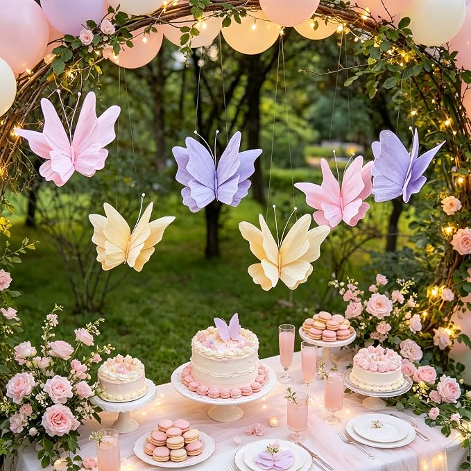 SUNBEAUTY Butterfly Party Decorations Hanging Butterfly Decorations 6Pcs Crepe Paper Garden 3D Butterflies Decor Pastel Paper Butterflies Decoration for Wedding Baby Shower Birthday Party Room Decor