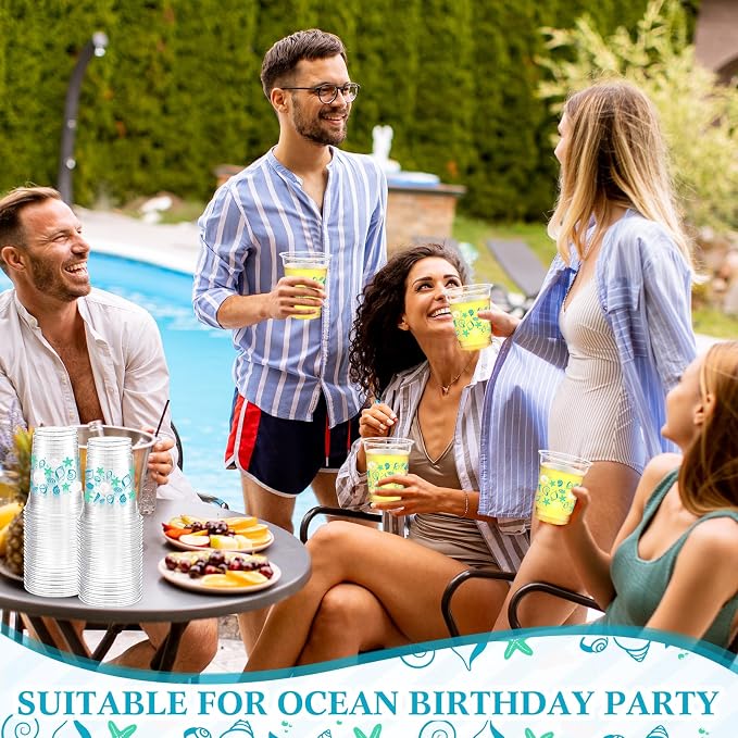 Funnymoom 60 Pack Seashell Beach Plastic Cups 12 oz Summer Beach Starfish Disposable Clear Beverage Drinking Cups for Sea Ocean Pool Birthday Bridal Wedding Baby Shower Party Decoration Supplies