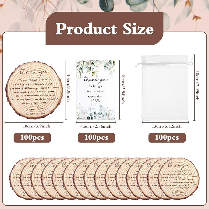 100 Sets Wedding Favors for Guests Cork Coasters Bulk Thank You Cards Organza Bags Wood Coaster Rustic Wedding Gift Bridal Shower Party Favors