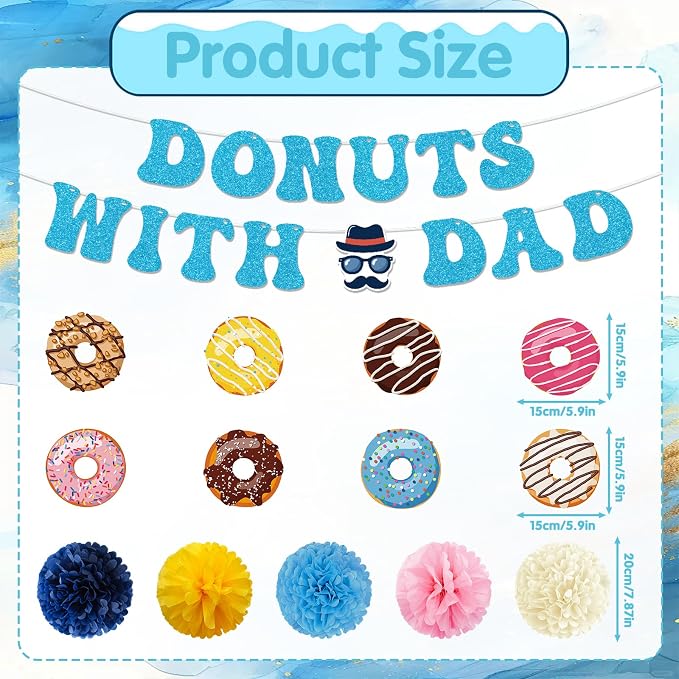 Fathers Day Party Decorations - 19PCS Donuts with Dad Banners Hanging Swirls Paper Pompoms Party Decor, Happy Father's Day Donut Themed Holiday Supplies