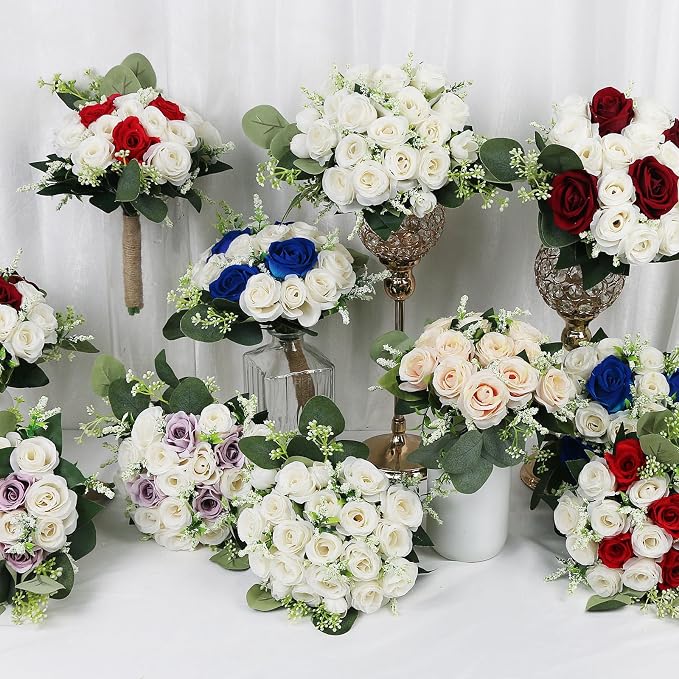 Set of 6 Bridesmaid Bouquets for Wedding - 7 Inch Artificial Ivory Flower Bouquet for Party Ceremony Anniversary Dinning Table Centerpieces Decor - Lilac & White