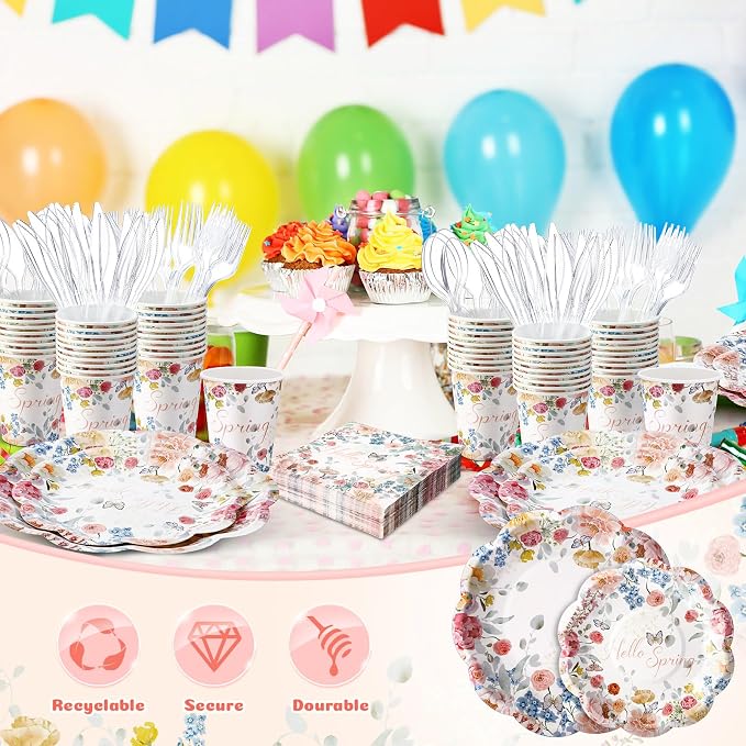 Havawish 350 Pcs Spring Mother Day Party Supplies Hello Spring Disposable Wildflower Plates and Napkins Tableware Sets Serves 50 Guests for Baby Shower Birthday Wedding Party Decorations