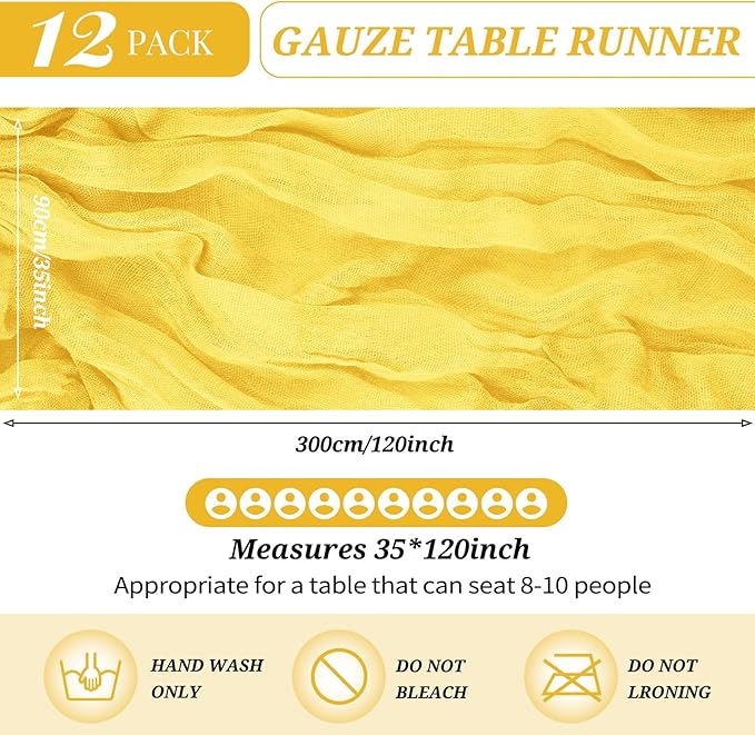 12 Pack Cheesecloth Table Runner 35 x 120 inch Long Boho Cheese Cloth Gauze Table Runners Semi Sheer Table Runner for Wedding Decor, Bridal Shower, Birthday Party (Yellow)