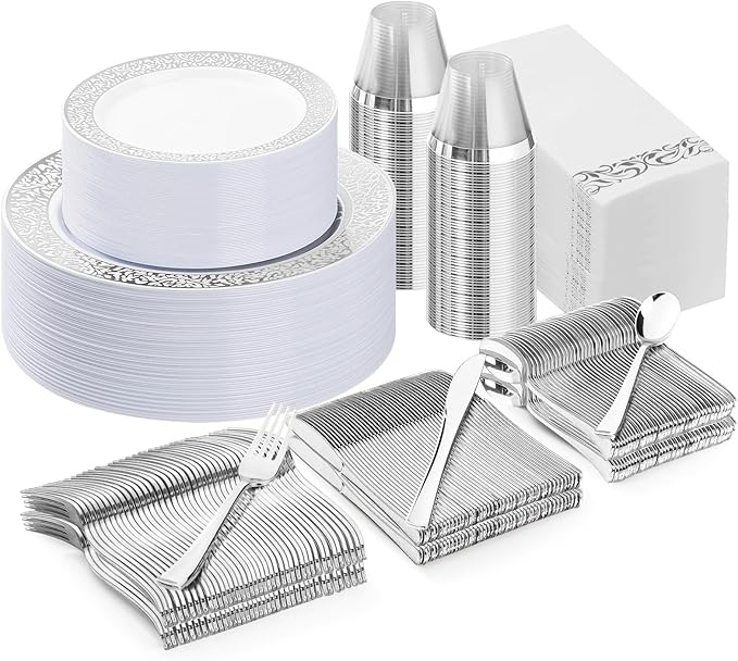 Bestluck 350PCS Silver Plastic Dinnerware Set for 50 Guests, Disposable Plates for Party, Wedding, Include 50 Dinner Plates, 50 Dessert Plates, 50 Set Silver Silverware, 50 Cups, 50 Napkins