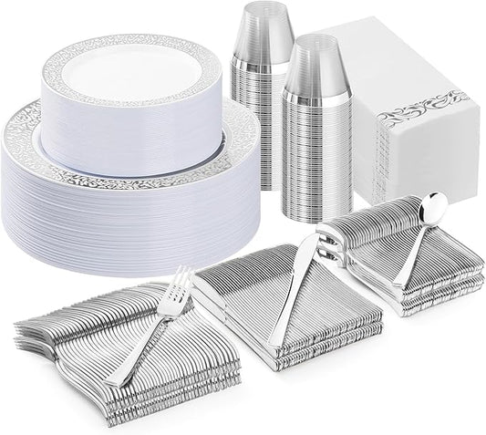 Bestluck 350PCS Silver Plastic Dinnerware Set for 50 Guests, Disposable Plates for Party, Wedding, Include 50 Dinner Plates, 50 Dessert Plates, 50 Set Silver Silverware, 50 Cups, 50 Napkins