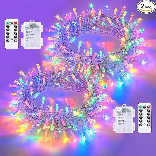 QITONG 2 Pack Battery Operated String Lights, Each 33ft 100 LED Multicolor Christmas Lights Outdoor Waterproof, 8 Modes Clear Wire Twinkle Fairy Lights Indoor with Remote