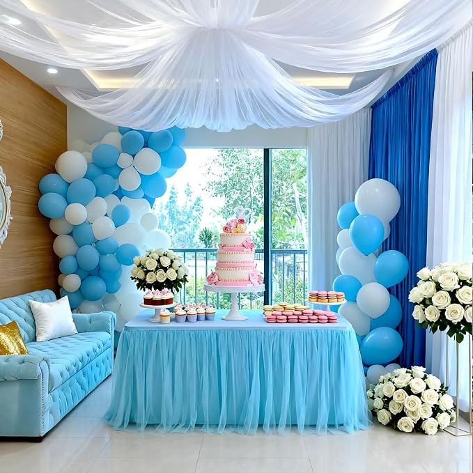 2-Pack Blue 2-in-1 Tulle Tablecloth for 5-Foot Rectangular Table – Stretch Fitted Table Skirt & Cover for Baby Shower, Bridal, Birthday, Princess Party