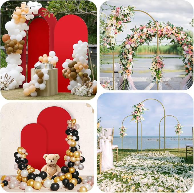 Arch Backdrop Stand and Cover Set, 3 Metal Balloon Arch Backdrop 7.2ft 6.6ft 6ft, Gold Arched Stand Frame for Wedding, Parties,Birthday, Backdrop Decorations (Red,7.2ft+6.6ft+6ft)
