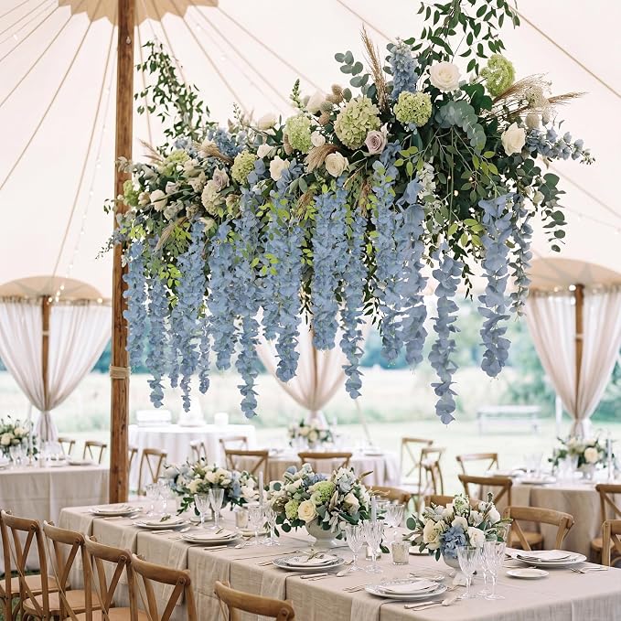 12PCS Dusty Blue Artificial Wisteria Hanging Flowers 3.6Ft Fake Bushy Silk Hanging Flowers Garland Faux Wisteria Vine for Garden Home Wedding Arch Baby Shower Party Decorations (Dusty Blue)
