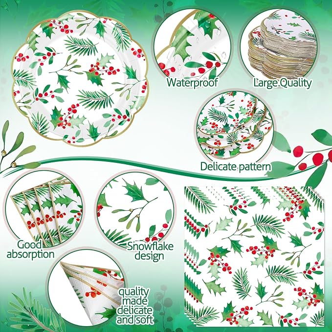 Funnymoom 452 Pcs Christmas Party Supplies for 50 Guest, Holly Berry Leaves Holiday Xmas Paper Plates Napkins Cups Tablecloth Cutlery Straws Disposable Tableware for Merry Christmas Party Decorations