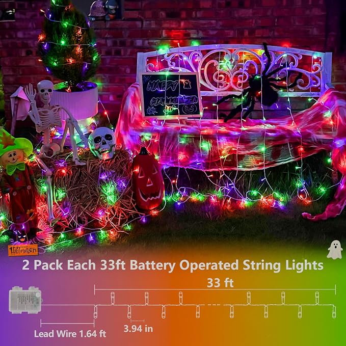 QITONG 2 Pack Battery Operated Halloween Lights, Each 33ft 100 LED Purple Orange and Green String Lights Outdoor Waterproof with Remote, Clear Wire Christmas Twinkle Lights with 8 Modes Indoor