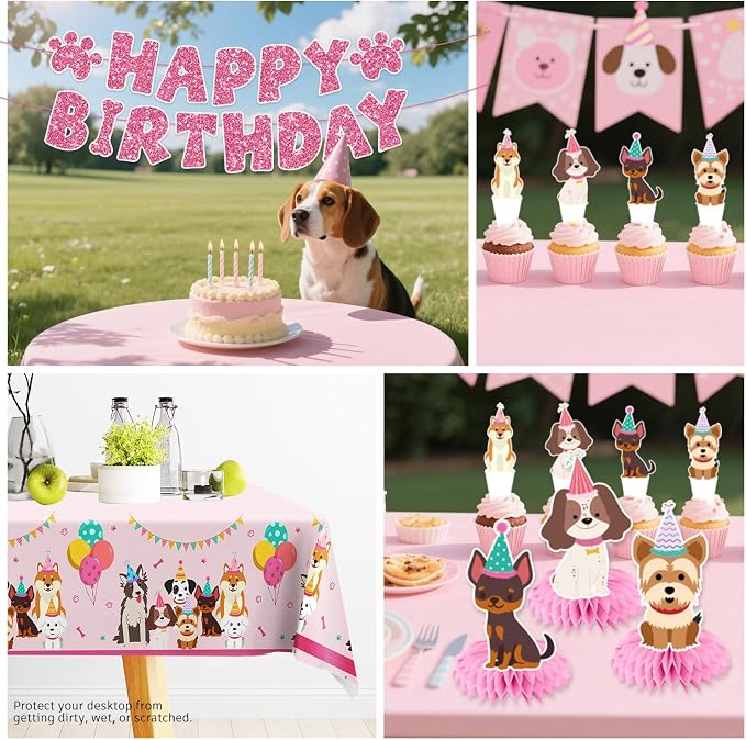 Cocomigo Dog Birthday Decorations, 230 Pcs Puppy Birthday Party Decorations Set with Backdrop, 2 Tablecloths, Plates, Napkins, Balloons & Banner, All-in-One Dog Party Supplies, Serves 25