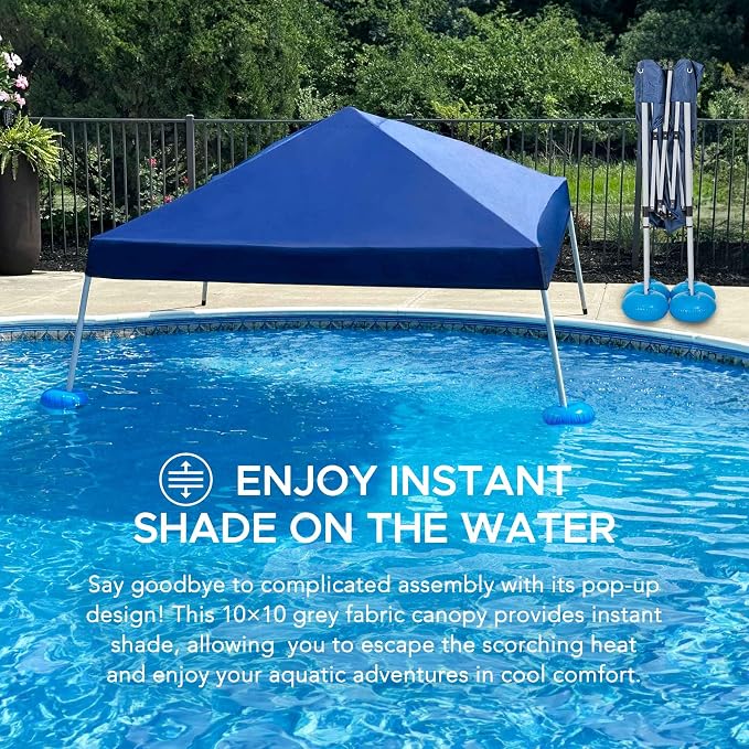 SUNJOY 10x10 FT Floating Pool Canopy Pop Up Gazebo, Navy Water Tent with Steel & Aluminum Frame, PVC Floats, Hand Pump & Carry Bag for Lake, Beach, Pool