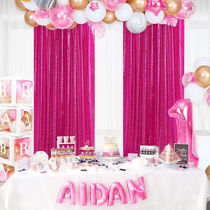 Fuchsia Glitter Sequin Backdrop Curtains 6 Pieces 2ftx8ft Dessert Backdrop Wedding Party Decor Glitter Photography Background Christmas Party Decoration