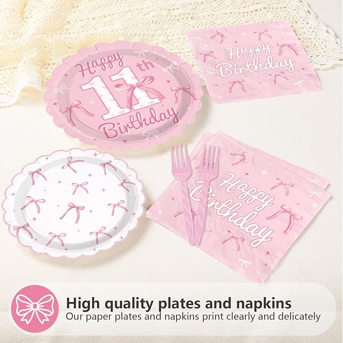 96Pcs Pink Bow Party Supplies Coquette 11th Birthday Party Plates and Napkins Disposable Bow Themed Tableware Set for Girl Happy 11th Birthday Graduation 2026 Decorations, Serves 24