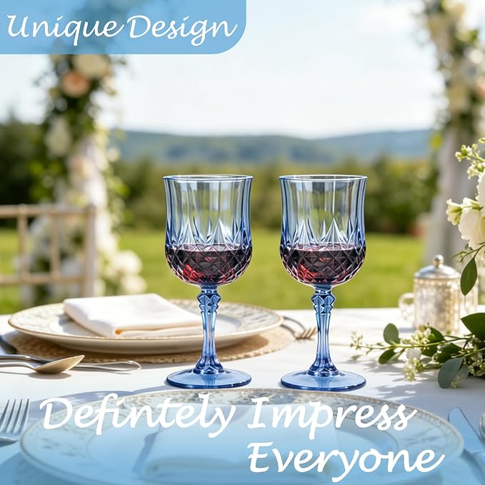 Plastic Wine Glasses, Plastic Goblets Vintage Style Cordial Unbreakable Drinking Glasses， Reusable Drinkware for Wedding Reception, Grand Event Party Supplies(24, Blue)