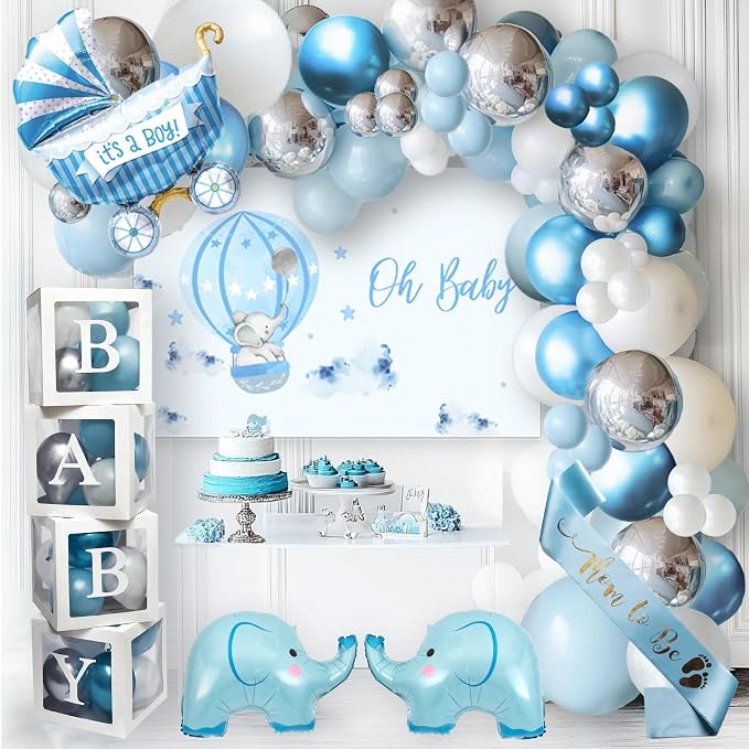 Vidal Crafts 139 PCs Elephant Baby Shower Decorations Boy, Themed Baby Boy Shower Decorations, Complete Party Kit with Elephant Backdrop, Balloon Garland, BABY Boxes & Mom to Be Sash