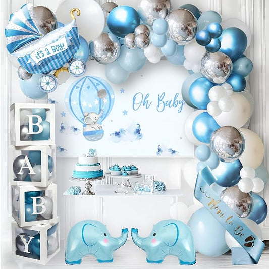 Vidal Crafts 139 PCs Elephant Baby Shower Decorations Boy, Themed Baby Boy Shower Decorations, Complete Party Kit with Elephant Backdrop, Balloon Garland, BABY Boxes & Mom to Be Sash