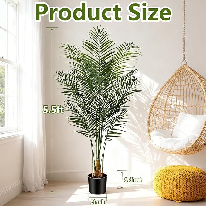 5.5ft Artificial Palm Tree Outdoor, Large Fake Tropical Areca Palm with 15 Trunks, Tall Faux Floor Plants for Indoor Living Rooms Offices Bedroom Home Decor