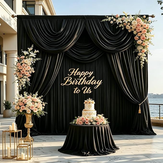 30FT x 10F Black Backdrop Curtain for 40th Birthday Decorations, Polyester Backdrop Drapes with Rod Pockets,Cloth Fabric Curtain for Wedding, Commercial Displays,Graduation Party Decorations