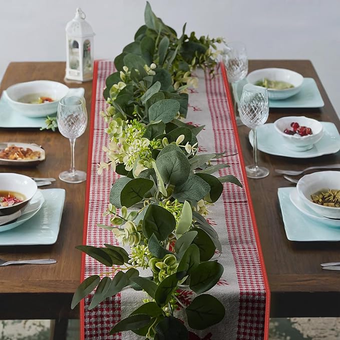 6Ft Eucalyptus Garland, Artificial lvy Greenery Vines with Flower Gypsophila Willow Leaves for Home Wedding Arch Party Table Runner Centerpiece Decor