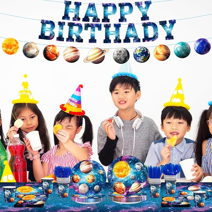 170pcs Outer Space Birthday Party Decorations Space Party Plates Napkins Tableware Set Solar System Disposable Cups Dinnerware Happy Birthday Banner Tablecloth for Kids Boys Party Supplies 24 Guests