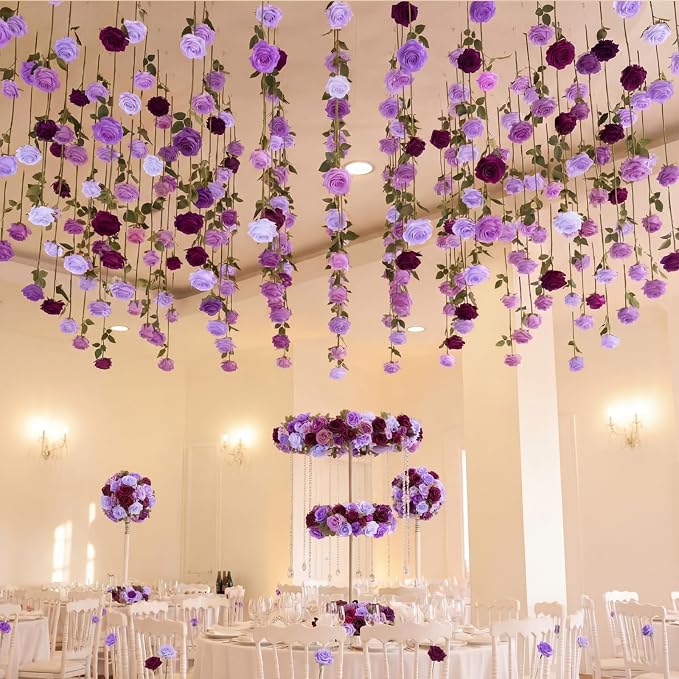 Lyrow 60 Pack Lavender Purple Artificial Flower Hanging Ornaments Purple Roses Floating Garland Moody Vintage Mauve Wedding Lilac Boho Cottagecore Ceiling Garland Bridal Shower Bouquet Table Decor