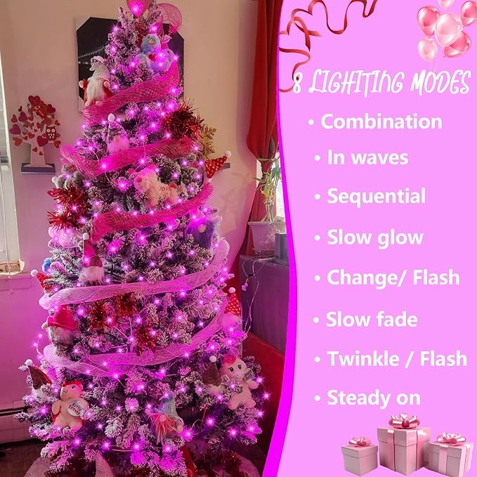 YEGUO Battery Operated String Lights, 2 Pack Each 33ft 100 LED Twinkle Fairy Lights Outdoor Waterproof, 8 Modes Clear Wire Pink Christmas Lights Indoor with Remote