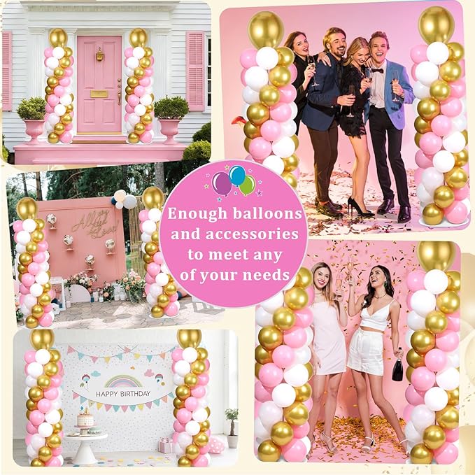 2 Sets Pink White Gold Balloon Column Stand Kit with 100 Balloons Adjustable Balloon Tower Stand with Bases for Floor Column Kit for Wedding Graduation Birthday Appreciation Party Decor