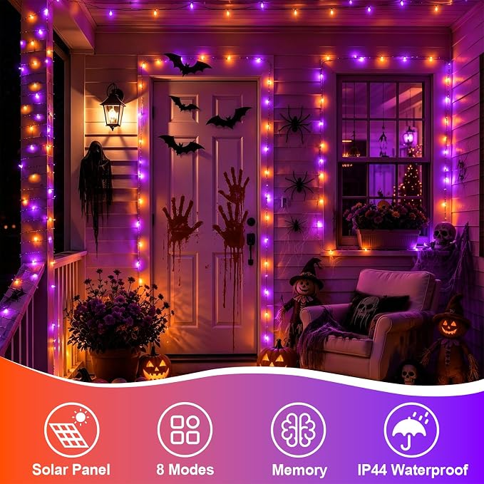 YEGUO 4 Pack Halloween Solar Fairy Lights, Each 33ft 100 LED Orange and Purple Christmas Lights Outdoor Waterproof, 8 Modes Sliver Wire Solar String Lights