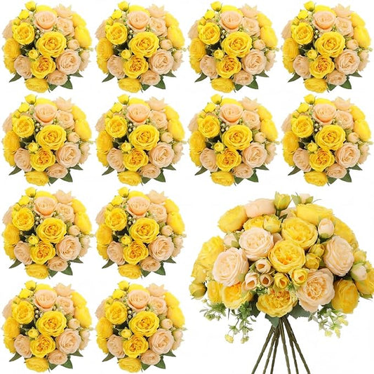 Geosar 16 Bundles Artificial Peonies Flowers Fake Silk Peony Bouquet Faux Peonies Flowers Bulk for Decoration Vase Floral Arrangements Wedding Party Table (Yellow,Champagne)