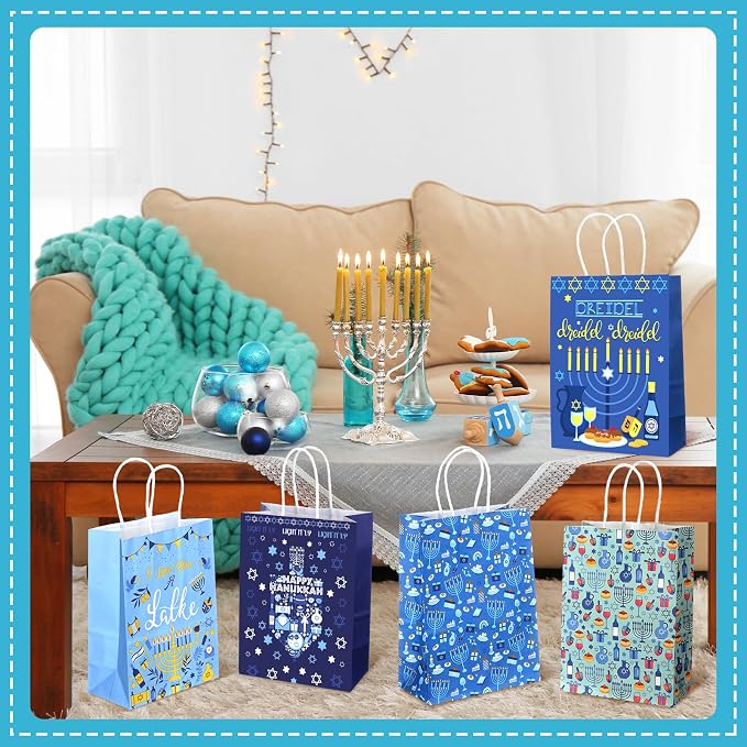 Outus 48 Pcs Hanukkah Party Favor Bags Chanukah Gift Goodie Paper Bags with Handles Jewish Menorah Blue Star of David Dreidel Candy Treat Pouch for Happy Hanukkah Party Decorations Supplies