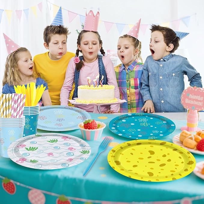 168PCS Cartoon Ocean Themed Birthday Party Supplies | Yellow Undersea Dinnerware Set Serves 24 Guests | Disposable Plates Cups Napkins Cutlery Straws for Kids Boys Girls Birthday Decorations