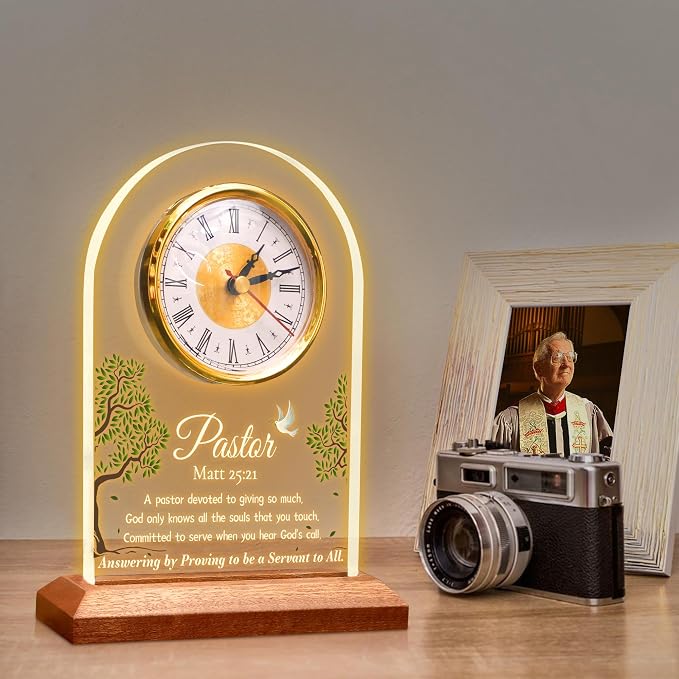 OkiyiD Pastor Appreciation Gifts, Pastor Gifts for Men Women, Light Up Quartz Clock with LED Wooden Base for Pastor Home Office Decor, Lighting Desk Table Clock,Thank You Presents for Pastor Preacher