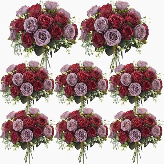 Geosar 8 Bundles Artificial Peonies Flowers Fake Silk Peony Bouquet Faux Peonies Flowers Bulk for Decoration Vase Floral Arrangements Wedding Party Table (Wine Red,Gray)