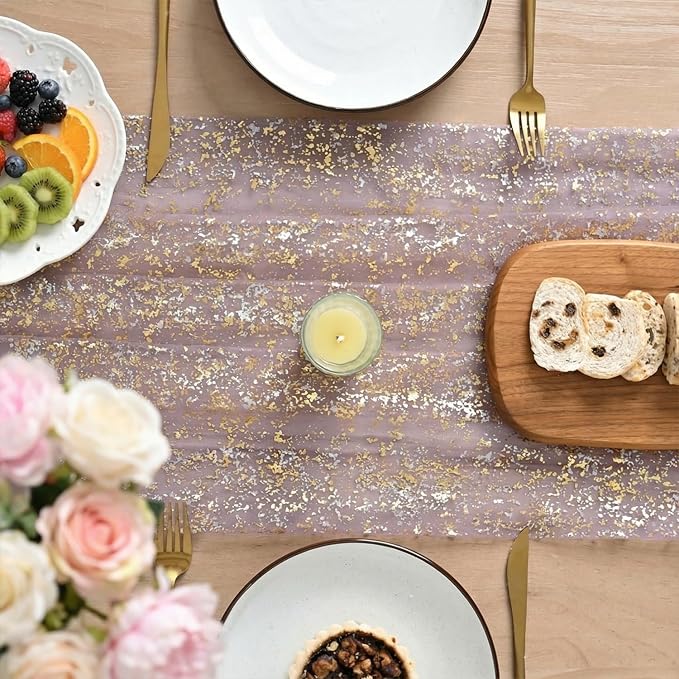 Artoid Mode 3Pcs Grayish Purple Gauze Gold Table Runner 10FT, Glitter Metallic Foil Sheer Dining Wedding Anniversary Holiday Table Decor for Home Party