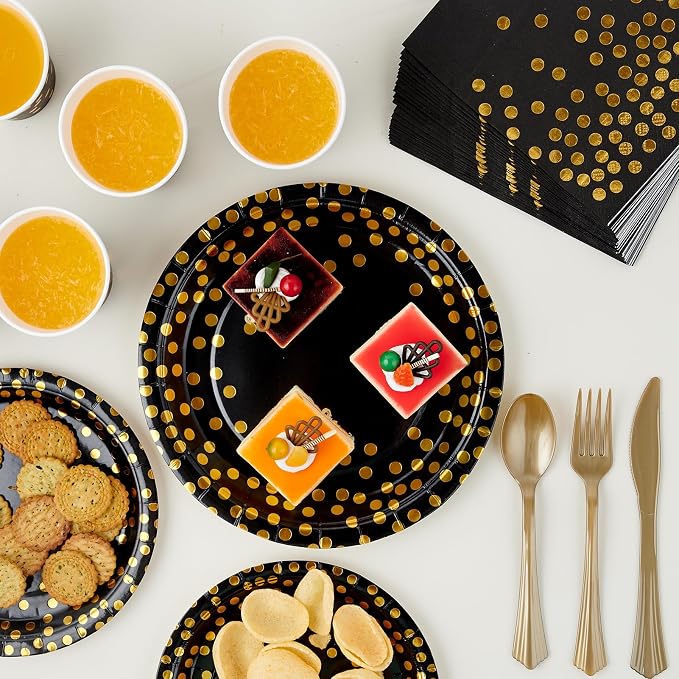 Black and Gold Party Supplies - 350 PCS Disposable Dinnerware Set - Black Paper Plates Napkins Cups, Gold Plastic Forks Knives Spoon for Halloween, Graduation, Birthday, Cocktail Party