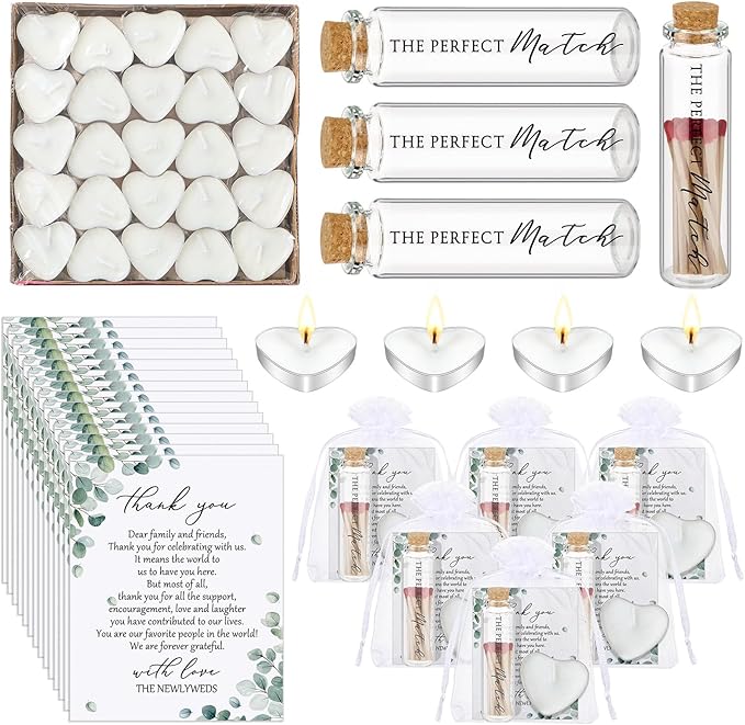 100 Sets Wedding Party Favors for Guests Bulk Including Mini Heart Shaped Candles and Empty Matches Jars with Cork Top Thank You Cards and Organza Bags for Wedding Bridal Shower Party Souvenir