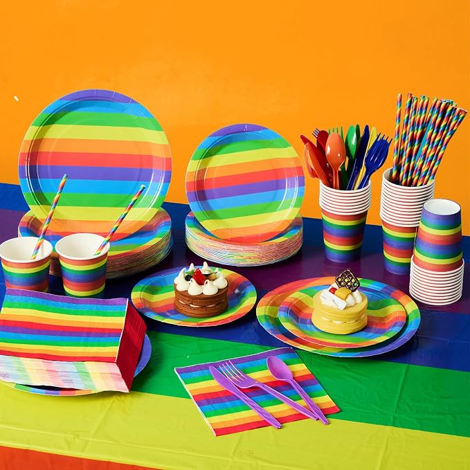 Funnymoom 452 Pcs 50 Guests Pride Party Supplies Decoration, Rainbow Pride Paper Plates Napkins Cups Tablecloth Cutlery Straws Gay Lgbt Disposable Tableware Sets for Rainbow Birthday Table Decoration