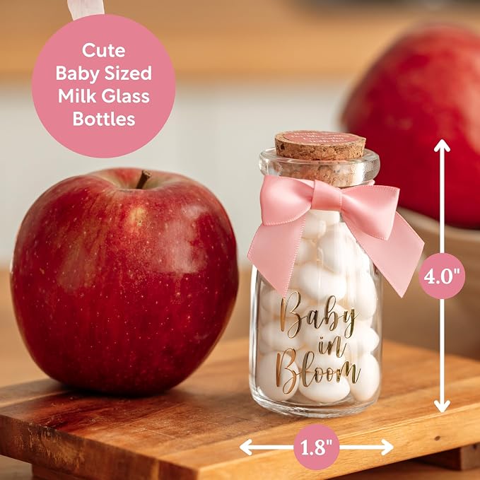Ethisa Vintage 24 Pack Baby in Bloom Milk Glass Bottles with Ribbons and Stickers - Classy Baby Shower Favors for Guests and Table Centerpieces - Dusty Pink Floral Decorations and Candy Jar Keepsakes