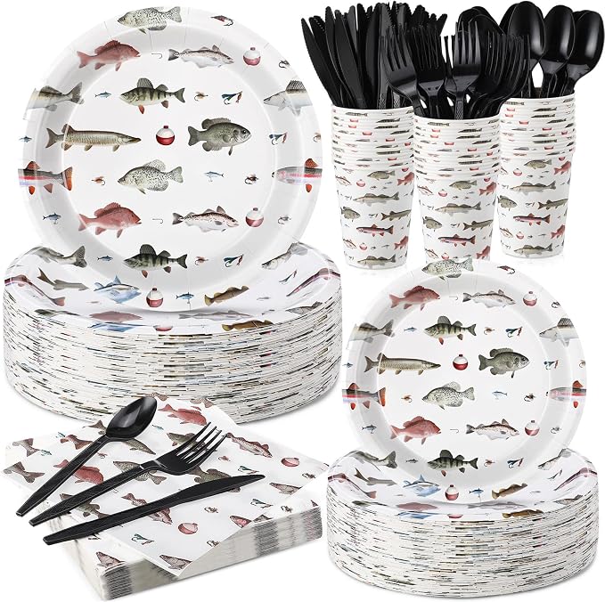Ziliny 350 Pcs Fishing Party Supplies Tableware Set Disposable 9'' 7'' Paper Plates 9 oz Cups Cutlery Napkins Dinnerware Set for 1st Birthday, Serve 50 (Fishing Birthday, White, Red)